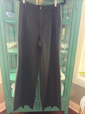 &merci Pinstripe Dress Pants in Charcoal Gray - elastic waist, wide leg EUC